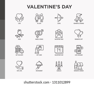 Valentine's day thin line icons set: couple in love, romantic evening, cupid bow, balloons, envelope, gift card, candles, love message, gift delivery. Modern vector illustration.