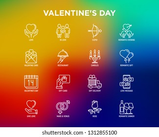 Valentine's day thin line icons set: couple in love, romantic evening, cupid bow, balloons, envelope, gift card, candles, love message, gift delivery. Modern vector illustration.