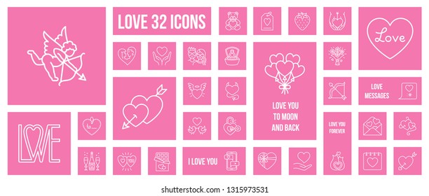 Valentines Day thin line icons set. Outline web sign kit of romantic love. Linear icon collection of passion, valentine card, calendar poster, couple hearts. Simple contour symbol vector Illustration