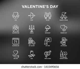 Valentine's day thin line icons set: couple in love, romantic evening, cupid bow, balloons, envelope, gift card, candles, love message, gift delivery. Modern vector illustration.