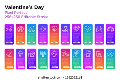 Valentine's day thin line icons set: gift delivery, couple in love, romantic evening, cupid bow, balloons, envelope, gift card, love message. Pixel perfect, editable stroke. Vector illustration.