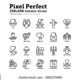 Valentine's day thin line icons set: gift delivery, couple in love, romantic evening, cupid bow, balloons, envelope, gift card, love message. Pixel perfect, editable stroke. Vector illustration.