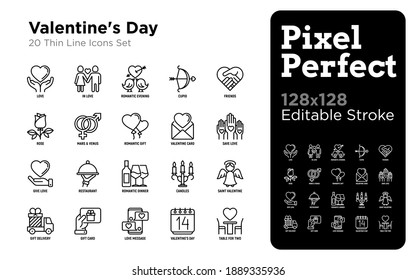 Valentine's day thin line icons set: couple in love, romantic evening, cupid bow, balloons, envelope, gift card, candles, love message, gift delivery. Modern vector illustration.