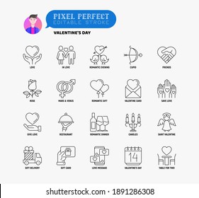 Valentine's day thin line icons set: couple in love, romantic evening, cupid bow, balloons, envelope, gift card, candles, love message, gift delivery. Modern vector illustration.