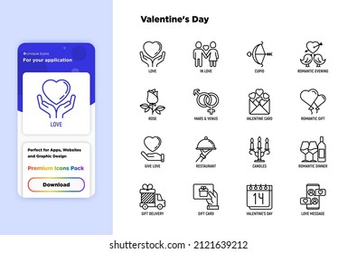 Valentine's day thin line icons set: couple in love, romantic evening, cupid bow, balloons, envelope, gift card, candles, love message, gift delivery. Modern vector illustration.