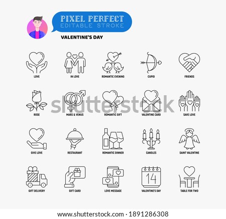 Valentine's day thin line icons set: couple in love, romantic evening, cupid bow, balloons, envelope, gift card, candles, love message, gift delivery. Modern vector illustration.