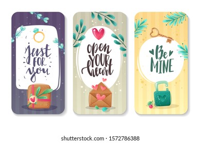 Valentine's day three greeting vertical banners with romantic things and hearts in decorative style. Bright colors and shades. Collection of items on a love holiday theme