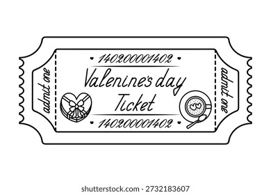Valentinstag. Ticket zugeben. Eine herzförmige Schachtel Pralinen mit einem Bogen und einer Tasse Kaffee mit Schaum in der Form von zwei Herzen gebunden. Skizze. Kursive handschriftliche Beschriftung mit Großbuchstaben. Vektorgrafik. Abrisskarte mit einer Nummer. Kontur auf isoliertem weißem Hintergrund. Doodle-Stil. Malbuch für Kinder. Webdesign-Idee.