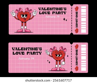 Valentine's Day Tickets, admit one. Valentine's love party. Retro wind-up cartoon mascot heart, heart girl with bows. Valentine