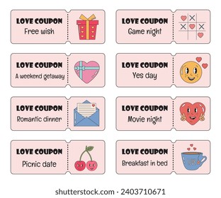 Valentines day tickets, love coupon set. Valentine sale, special offers, discounts coupons for shopping, gifts, restaurants, cinemas, cafes. Voucher set with love, cute elements in groovy retro style.