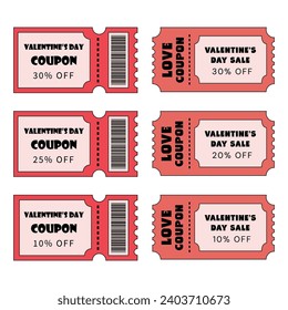 Valentines day tickets, love coupon set. Valentine sale, special offers, discounts coupons for shopping, gifts, restaurants, cinemas, cafes. Voucher holiday sale set in retro style.