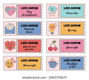 Valentines day tickets, love coupon set for boyfriend or girlfriend. Love romantic coupons collection, voucher set in retro groovy style for couples. Gift for Valentine day.