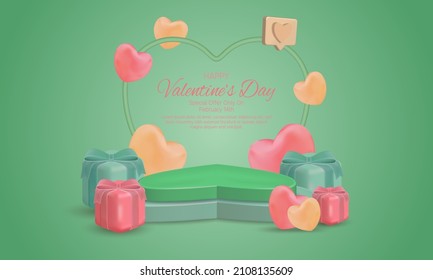 Valentines day tiered love shaped podium for product presentation surrounded hearts shape and gift box