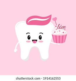 Valentines day tooth with cupcake dental icon isolated on background. Dentist cute white tooth character in love with no sugar candy. Flat design cartoon vector dentistry clip art illustration.