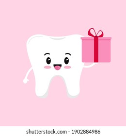 Valentines day tooth with gift dental icon isolated. Dentist cute white tooth character in love with present. Flat design cartoon vector dentistry clip art illustration.