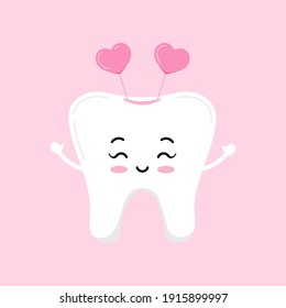 Valentines day tooth with headband with hearts dental icon isolated on background. Dentist cute white tooth character in love. Flat design cartoon vector dentistry clip art illustration.
