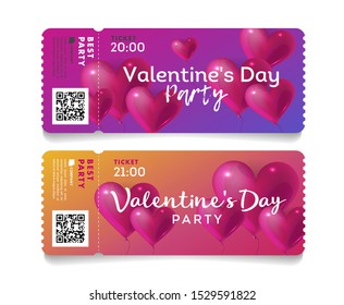 Valentine's Day torn off tickets, invitation template to love party with pink hearts in shape of baloons, gradient backdrop of cards