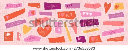 Valentine's day torn paper collage with hearts. Vector ripped edge retro love quote stickers. Funky groovy love collage banner. Grungy red and pink cutout hearts, sticky notes and washy tape elements