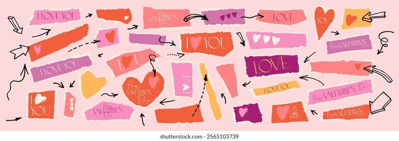 Valentine's day torn paper heart and arrow collage. Vector ripped edge retro love quote stickers. Funky groovy love collage banner bg. Grungy red pink cutout hearts, sticky notes, washy tape elements