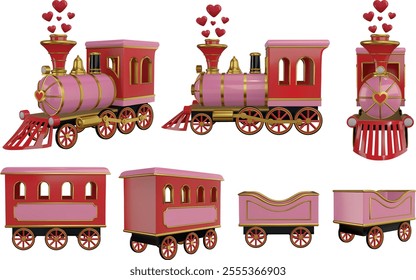 valentine's day toy train parts in different views. realistic 3d train elements. isolated locomotive and steam train carriages with red hearts