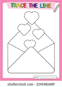 Valentine's day. Tracing line worksheet for kids. Educational games. Activity book. Printable.