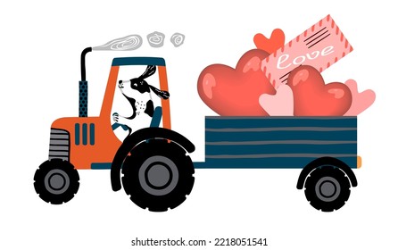 Valentine's Day Tractor With A Trailer Full Of Hearts And The Envelope.Сute Dog Is Driving.Vector Drawing Isolated On White Background.Flat Style Cartoon Illustration. Print On Fabric And Paper.