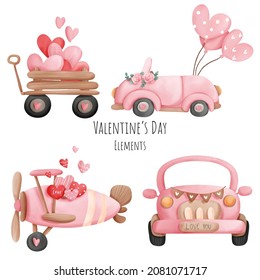 Valentine's day transport watercolor elements