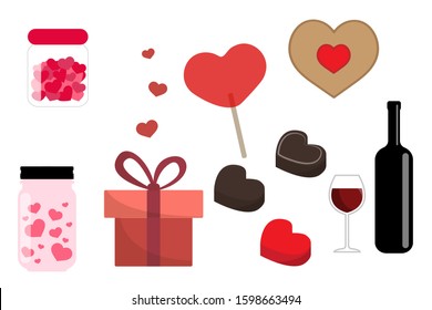 Valentine's day treats: chocolate, cookies, Lollipop, wine, candy in a jar isolated on a white background. Vector stock illustration