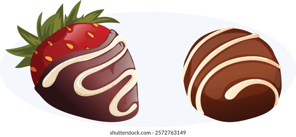 Valentine's Day Treats Chocolate Truffle and Dark Chocolate Covered Strawberrywith white Choco Drizzle. Romantic Dessert Vector Illustration  