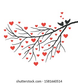 Valentine's day tree. Branch with red hearts and a cute pair of birds. Valentine's day concept. Vector illustration on a white background