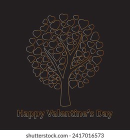 Valentine's day tree with golden outline isolated over black background illustration.