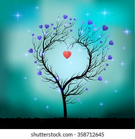 Valentine`s day tree, tree heart shape with red heart inside, Valentine`s day fairytale, grow the love tree, vector,
