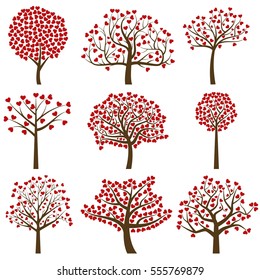 Valentine's Day Tree Silhouettes with Heart Shaped Leaves - Vector Format