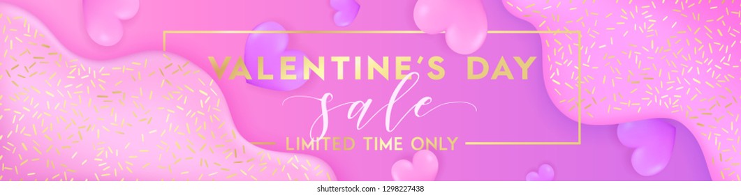 Valentine's day trendy bright horizontal banner. Pink liquid shapes with gold glitter and confetti background. Sale coupon, advertising label, promo website ad for 14 february. Love, heart balloons