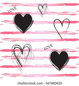 Valentine's day trendy pattern with hand drawn hearts on brush stripes geometric background. Romantic Holiday pattern Vector print. Invitation, Anniversary, wedding, textile, celebration, advertising