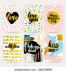 Valentines Day Trendy Posters. Vector Illustration of 80s Style Pattern Design with Handwritten Lettering.