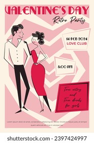 Valentine's Day trendy retro style party invitation, poster. 60s - 70s style Valentine's Day vector illustration of couple in love on a date. Groovy style.