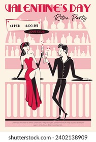 Valentine's Day trendy retro style party invitation, poster. 60s - 70s style Valentine's Day vector illustration of couple in love on a date in bar. Groovy style.