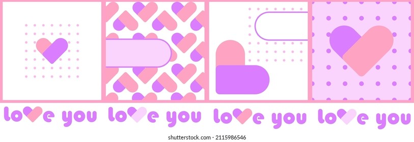 Valentine's day. Trendy square designs with hearts and dotted pattern. Geometric simple elements set suitable for social media posts, mobile app, card, banner design, internet ad. Vector illustration