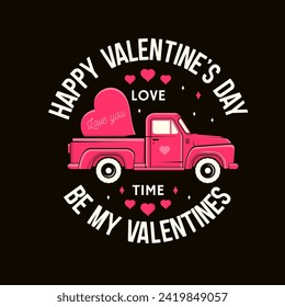 Valentines Day Truck. Vector illustration. Vintage pickup delivers hearts. Template for Valentine s Day greeting card, banner, poster, flyer with red retro truck