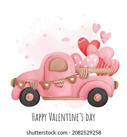 Valentine's day truck watercolor elements