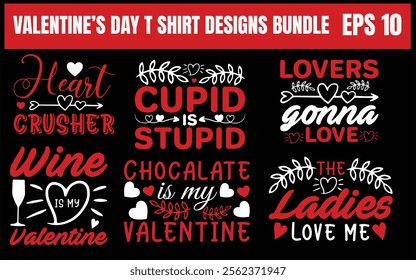 "Valentine's Day T-Shirt Design Bundle featuring romantic and playful quotes like 'Heart Crusher,' 'Cupid is Stupid,' and more. Perfect for festive apparel, gifts, and print-on-demand projects."