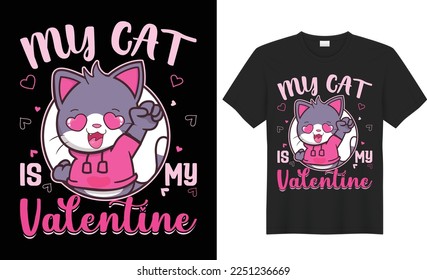 tipografía de diseño de camisetas del día de valentines con lindo gato y estilo vintage de la letra de la letra lista para la ilustración vectorial. Feliz día de San Valentín camiseta camiseta roja de amor de corazón de colección de gatitos