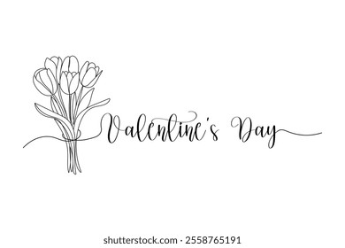 Valentines day, tulip bouquet. One solid line and text. for greeting card design