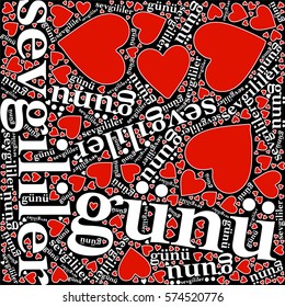 Valentine's day in Turkish translation of sevgililer günü words with hearts pattern