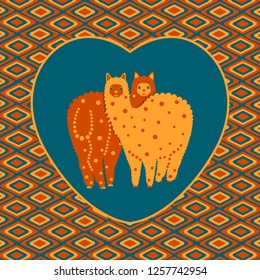 Valentines Day. Two alpacas stand nearby. Framed heart. Background ethnic motifs