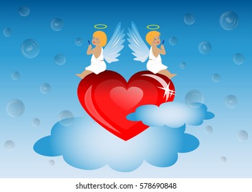 Valentine's Day, two angels sitting on the heart in the sky and blow bubbles