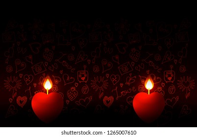 Valentines Day. Two burning candles in the shape of a heart. Against the background of wallpaper with doodle-pictures on the theme of love