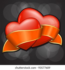 Valentine`s Day two heart with orange ribbon. EPS 10