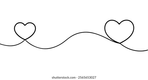 Valentine's day Two Hearts Continuous One Line Drawing. Valentines day concept.Vector illustration on white background